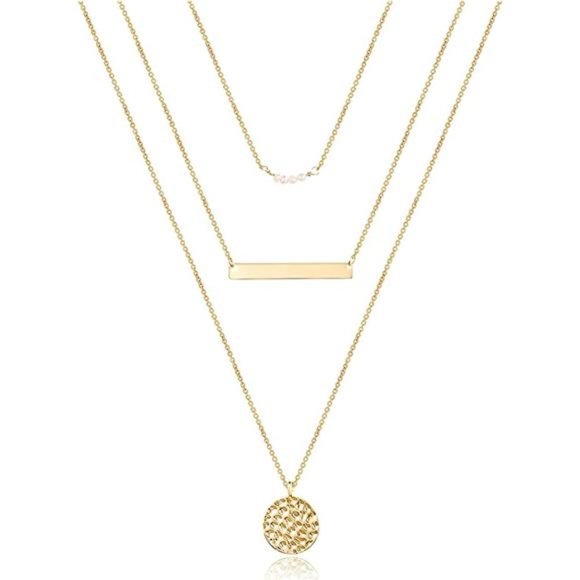 Dainty Layered Choker Necklace 14K Gold Plated Y Pendant Multilayer Bar Disc - Picture 1 of 6